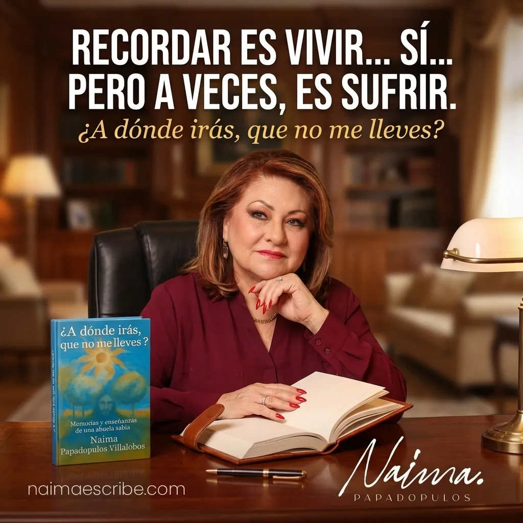 Naima Papadopulos en su escritorio, reflexionando sobre sus memorias